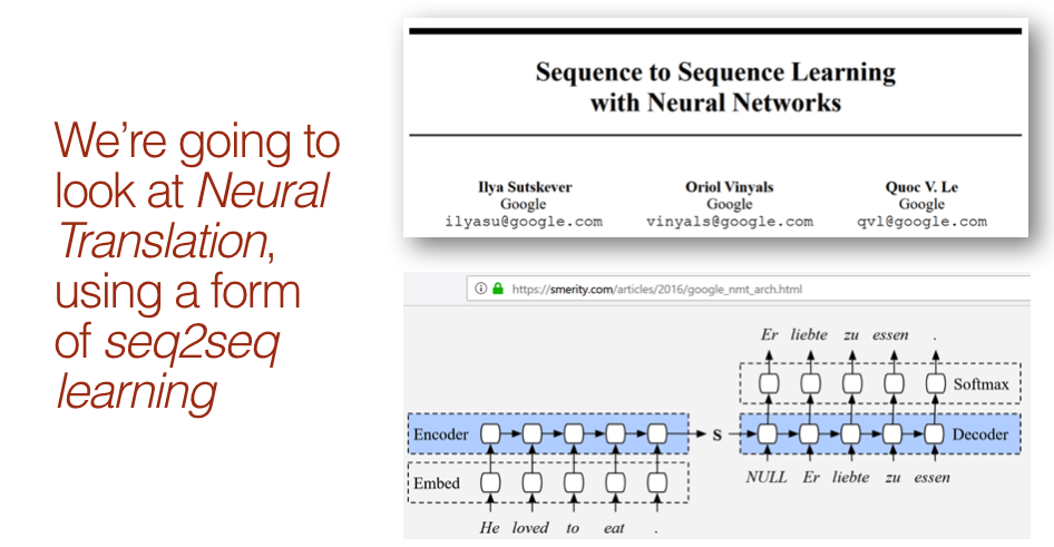 We&#39;re going to look at Neural Translation, using a form of seq2seq learning